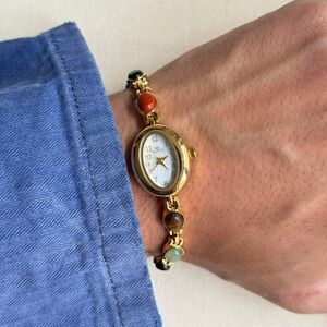 Gold Women's Watch with Multicolor Stone Accents